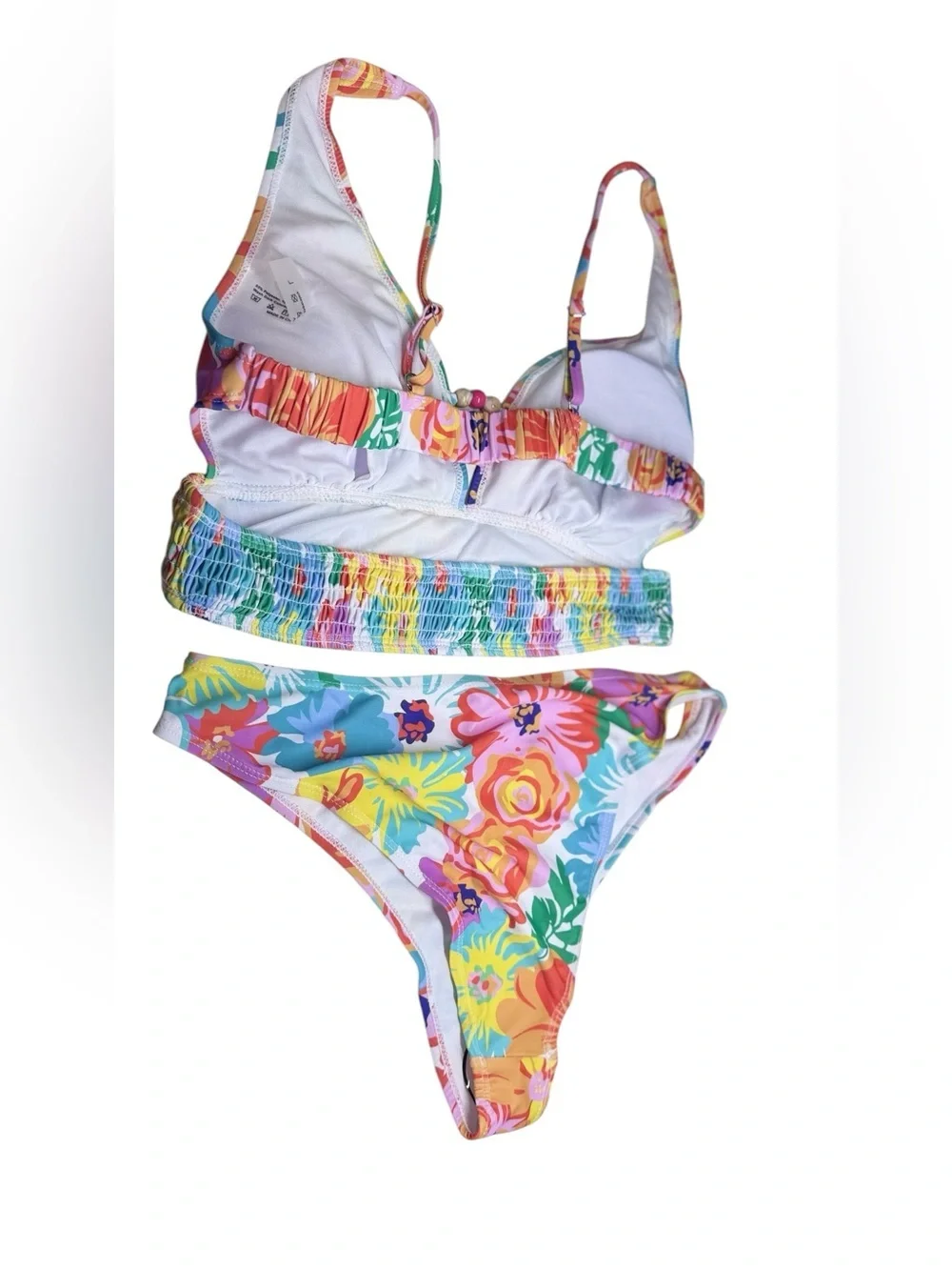SHEIN Tropical Floral High Waist Bikini Set Vibrant Smocked Crop Top Large